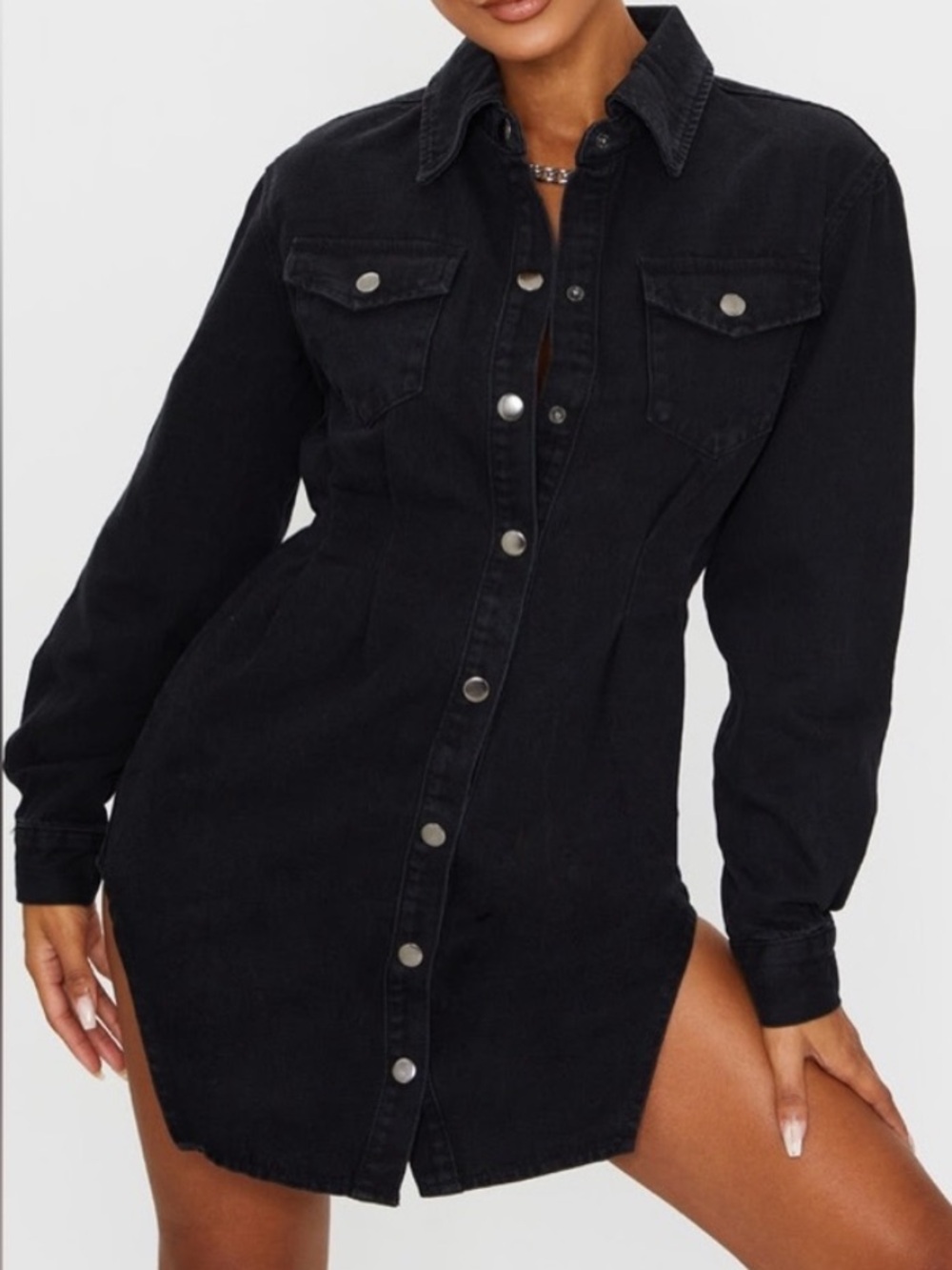 PrettyLittleThing Denim Jacket Dress Black Button-Up Cinched Waist High Side Cut